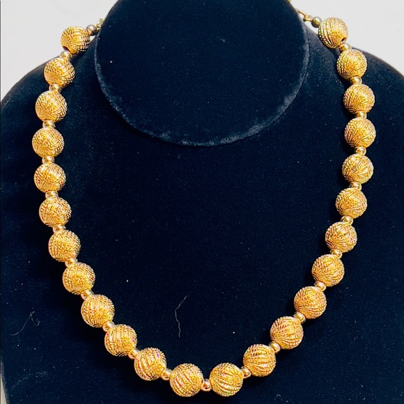 Vintage Monet Gold Tone Textured Beaded Necklace Signed - 17” - Picture 1 of 3